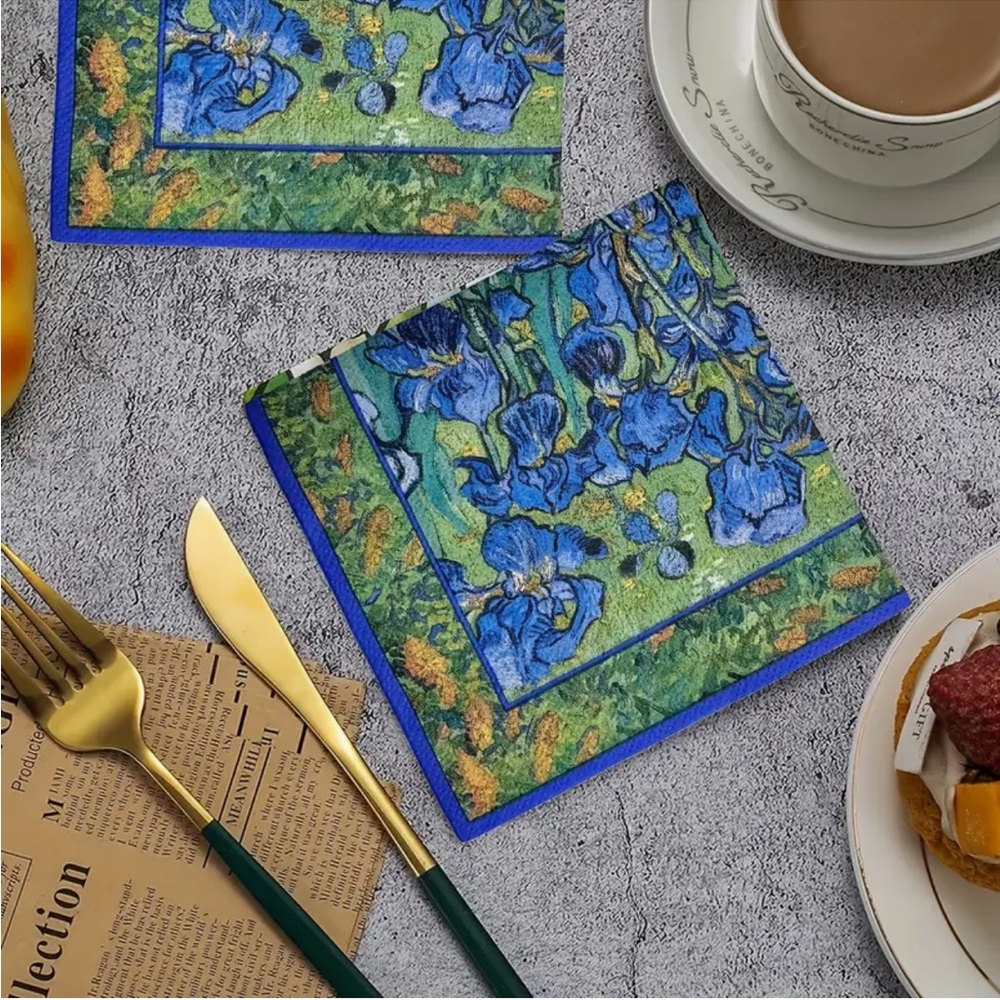 Van Gogh Inspired Blue Iris Cocktail Beverage Paper Napkins